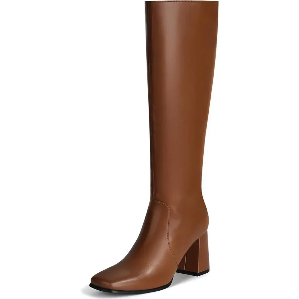 Women's Light Brown 3.35-inch Square Toe Knee High Boots Chunky Block Heel Tall
